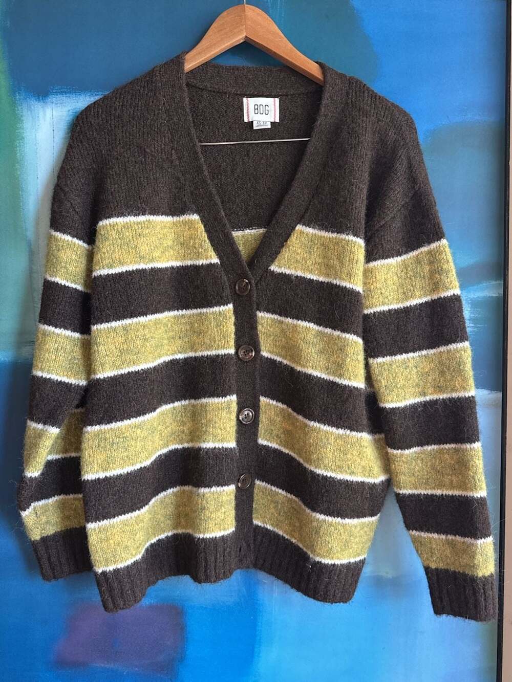 BDG Oversized Striped V-Neck Button-Front Cardigan in Brown/Green